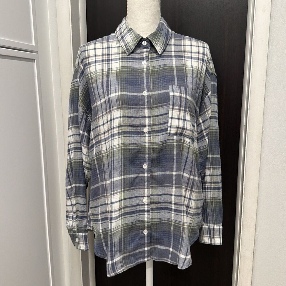 Z Supply Road Trip Plaid Flannel Shirt Dusty Denim L PNW Gorpcore Cabincore